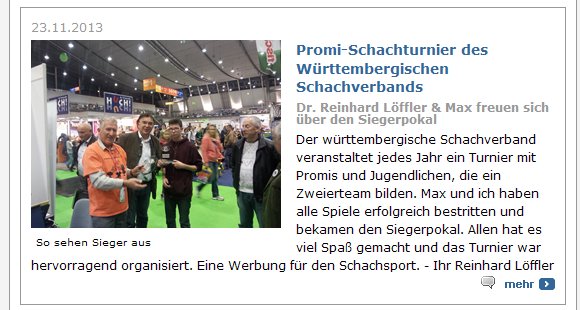 Dr. Reinhard Löffler (SC Schachmatt Botnang) und Max Romes (SK Sontheim/Brenz) gewannen das Promi-Turnier